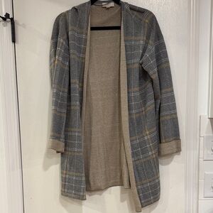 LOFT Plaid Hooded Cardigan in Gray and Tan